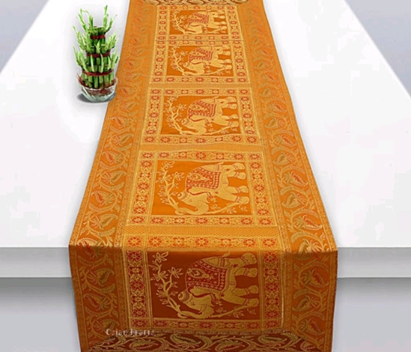  Colorful Poly Satin Brocade Patch Work Table Runner - Mustard Yellow